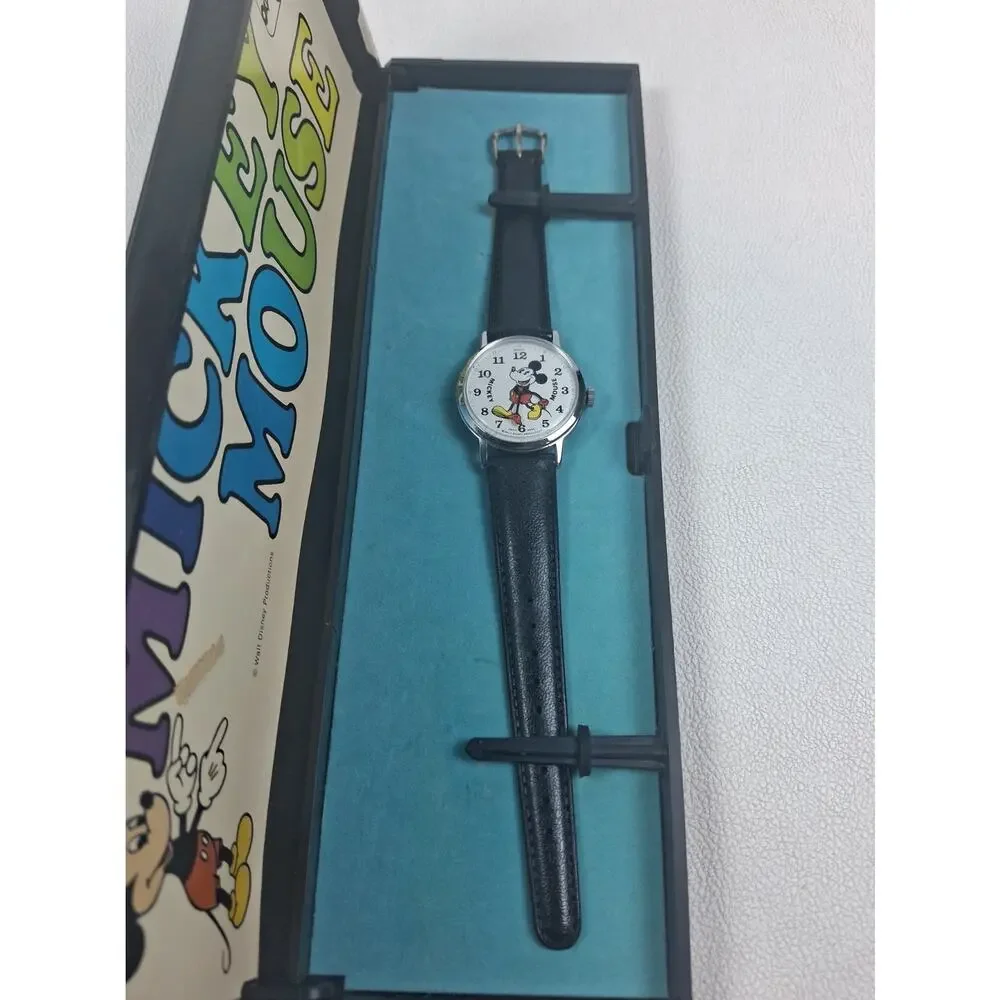 Vintage 1970s Bradley Mickey Mouse Watch Boxed RUNNING Swiss Scratch Cystal